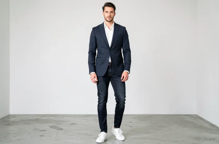 Acteur masculin de campagne Zalando 2025 en blazer marine dans un studio minimaliste moderne