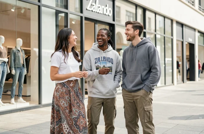 Groupe d'acteurs et actrices des publicités Zalando 2025 en tenues tendance devant une boutique moderne