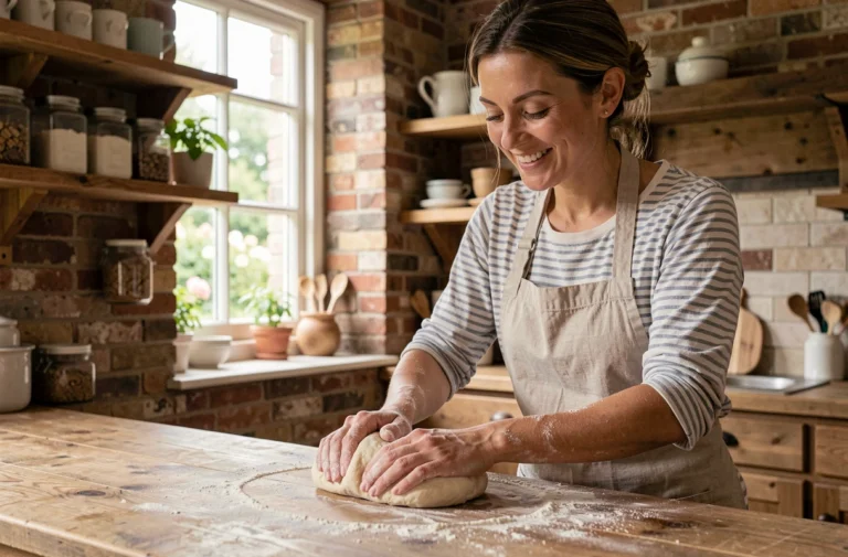 Femme qui pétrit de la pâte dans une cuisine rustique, activité loisir cuisine maison