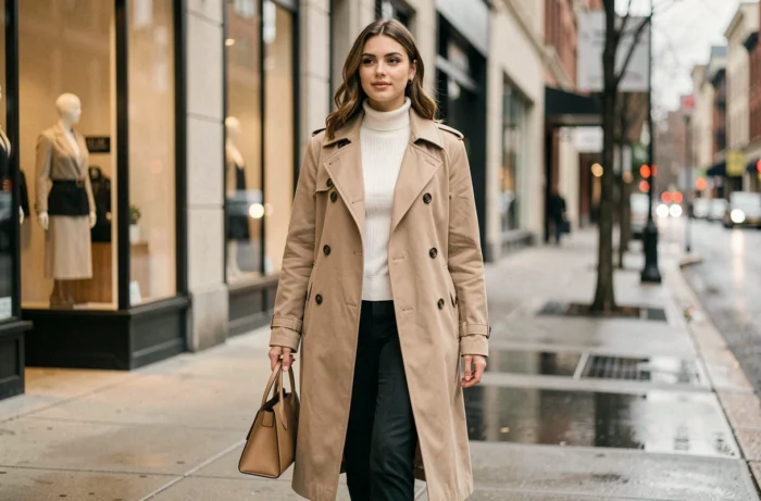Actrice de publicité Zalando 2025 portant un trench coat beige élégant dans une rue urbaine contemporaine