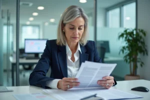Administratrice hospitalière analysant des fiches de paie et la convention collective CCN 51 dans un bureau professionnel