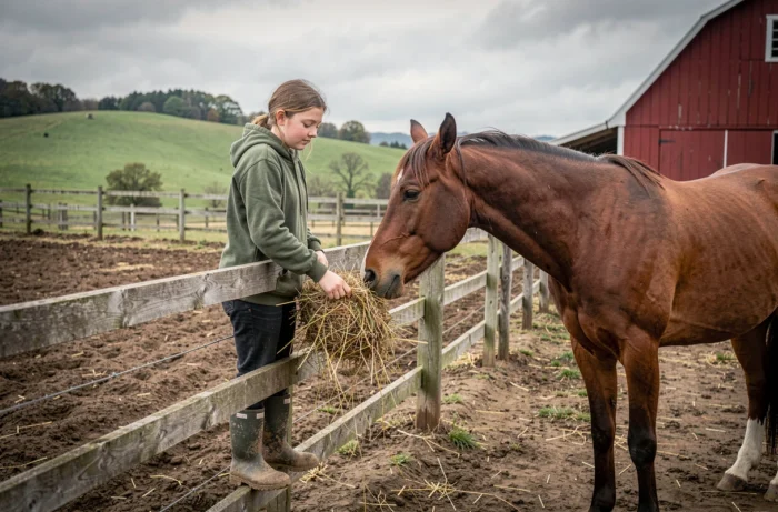 Adolescente nourrissant un cheval à la ferme, passion pour les animaux en milieu rural