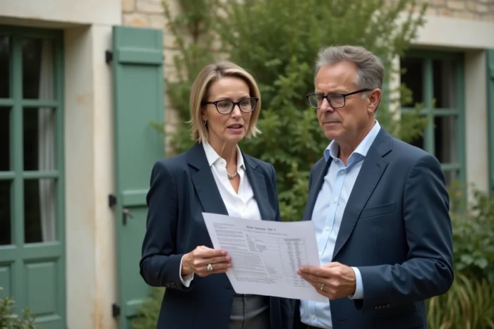 Agent immobilier présentant les coûts d'une maison secondaire en France à un acheteur potentiel devant la propriété
