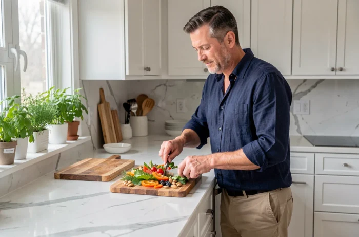 Homme préparant un repas sain et équilibré dans une cuisine moderne pour améliorer sa santé et son alimentation quotidienne