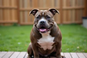 American Bully adulte à robe bringée assis sur une terrasse en bois avec un jardin verdoyant en arrière-plan