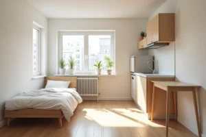 Intérieur d'un appartement F1 studio compact avec espace de vie ouvert combinant coin nuit, kitchenette et bureau