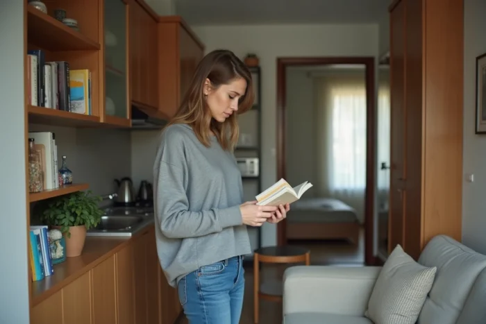 Femme aménageant le salon d'un appartement F2 avec séjour et chambre séparée bien définis