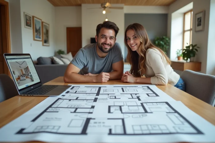 Couple étudiant les plans d'un appartement F3 avec deux chambres séparées et séjour spacieux
