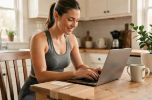 Femme rédigeant un avis client sur son ordinateur portable avec un colis de retour Halara posé sur la table