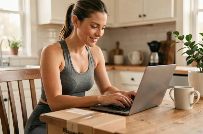 Femme rédigeant un avis client sur son ordinateur portable avec un colis de retour Halara posé sur la table