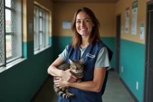 Bénévole d'un refuge animalier tenant un chat tigré dans ses bras, illustrant la protection et les droits des animaux