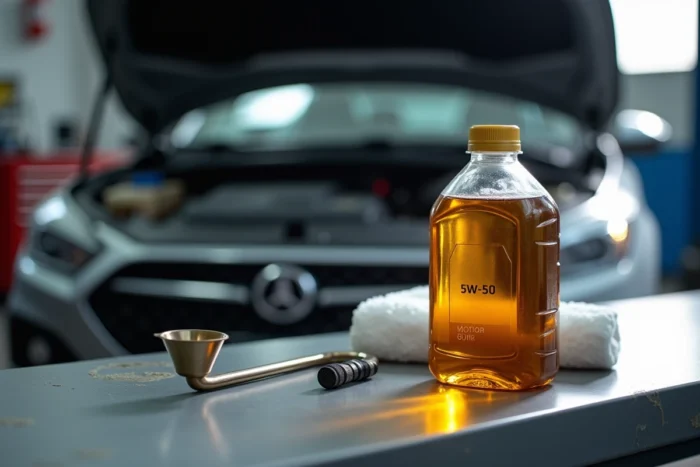 Bouteille d'huile moteur 5W50 posée sur un établi de garage avec capot de voiture ouvert en arrière-plan