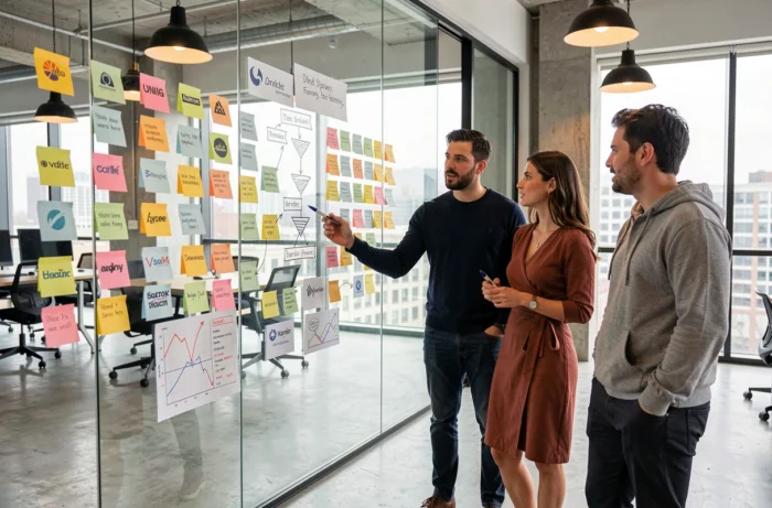 Session de brainstorming marketing innovante avec une équipe diverse devant un mur de post-its et de cartographies de campagnes dans un espace de coworking urbain