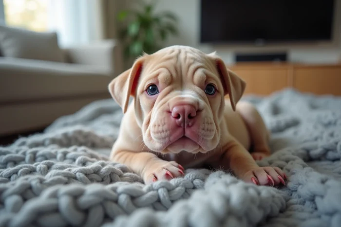 Chiot Exotic Bully à la robe fauve allongé sur une couverture tricotée grise dans un intérieur cosy
