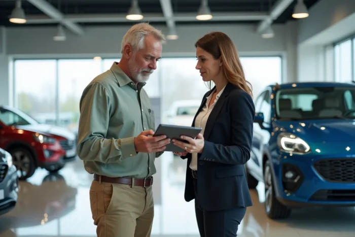 Client et conseillère commerciale examinant des données de comparaison de véhicules dans un showroom automobile moderne