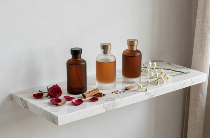 Collection de flacons de parfum Chogan sur un marbre blanc avec des botaniques séchées