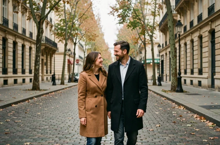 Couple élégant se promenant bras dessus bras dessous sur un boulevard parisien en automne avec immeubles haussmanniens