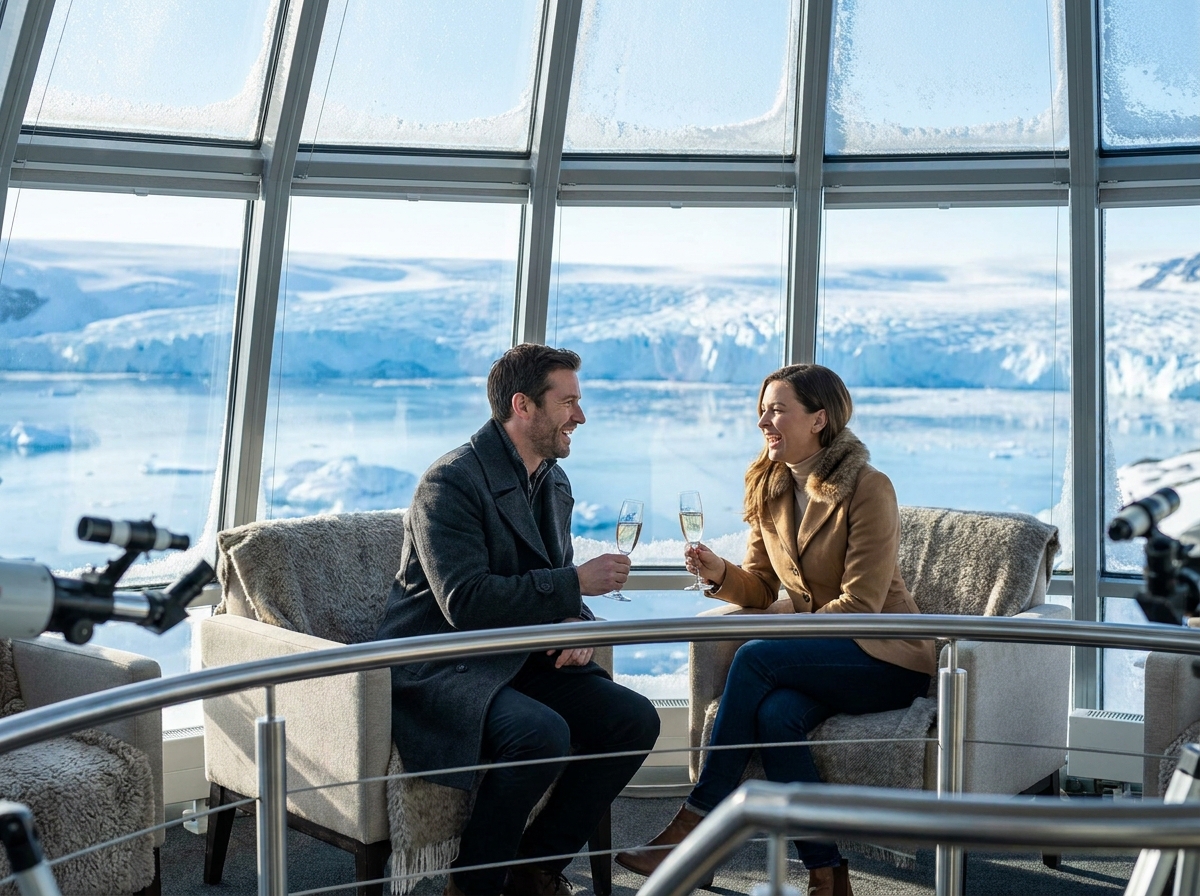 Couple élégant dégustant du champagne dans un observatoire antarctique