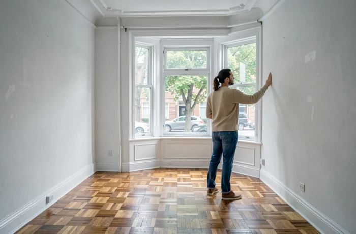 Couple visitant un appartement vide lors d'une visite de location, inspectant les détails du logement avant de signer un bail