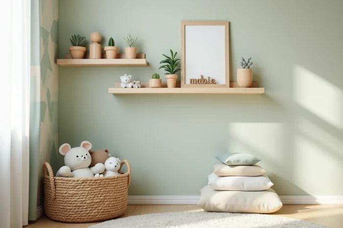 Chambre d'enfant décorée dans un style scandinave avec étagères colorées, jouets en bois et paniers en osier