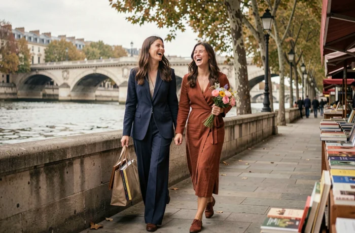 Deux amies stylées se promenant au bord de la Seine, mode et tendances Mademoiselle C à Paris