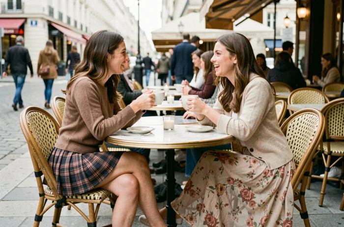 Deux femmes en terrasse de café portant des styles de jupes différents, symbolisant la diversité des expressions féminines et des choix vestimentaires