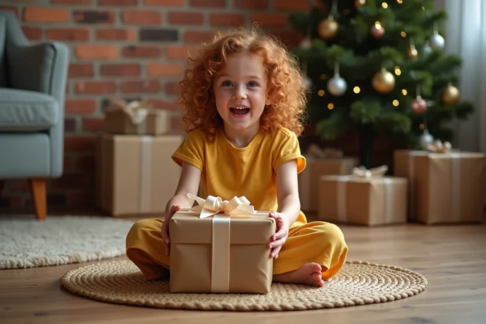 Petite fille aux cheveux bouclés déballant un cadeau dans un salon décoré pour les fêtes avec sapin et paquets cadeaux