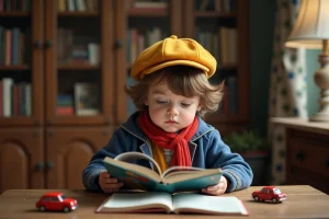 Jeune enfant lisant un livre illustré OuiOui dans un bureau chaleureux