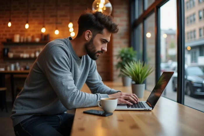 Entrepreneur travaillant sur une solution numérique pour développer son entreprise dans un café urbain