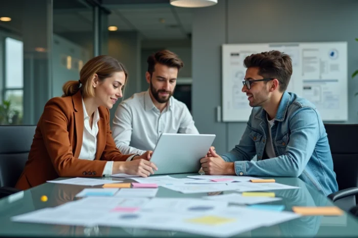 Équipe professionnelle collaborant autour de solutions numériques innovantes lors d'une réunion de stratégie digitale