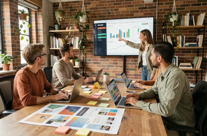 Équipe marketing créative autour d'une table de conférence analysant des tableaux de bord de campagne et des moodboards imprimés dans un bureau moderne au style industriel