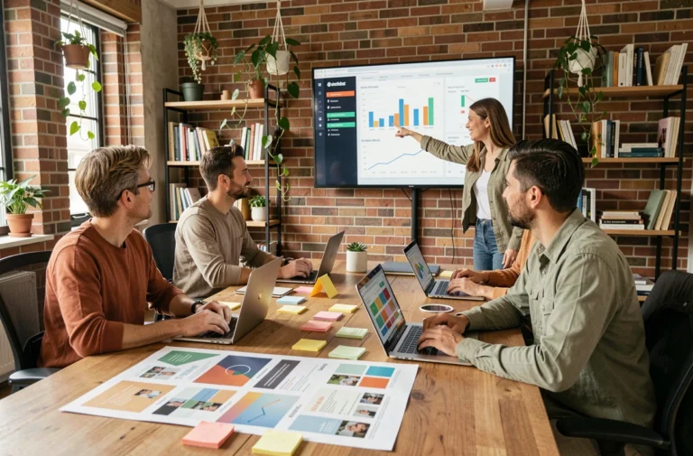 Équipe marketing créative autour d'une table de conférence analysant des tableaux de bord de campagne et des moodboards imprimés dans un bureau moderne au style industriel