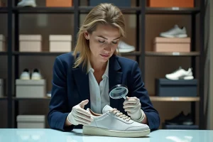 Experte en sneakers analysant un modèle dans un bureau professionnel