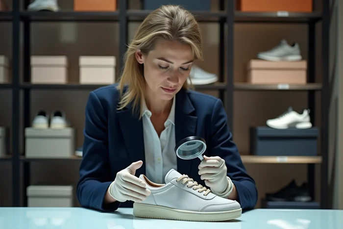 Experte en sneakers analysant un modèle dans un bureau professionnel