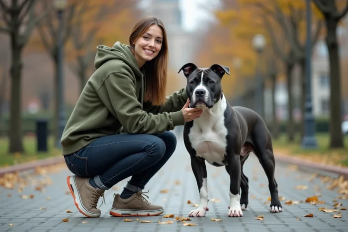 Jeune femme avec un American Bully bleu et blanc dans un parc urbain, scène de complicité entre chien et propriétaire