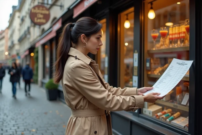 Femme devant un bureau de tabac à Genève consultant la liste des prix des cigarettes affichée en vitrine en automne