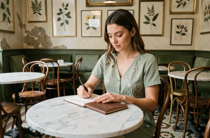 Femme inspirée prenant des notes dans un café parisien raffiné, conseils et inspirations mode