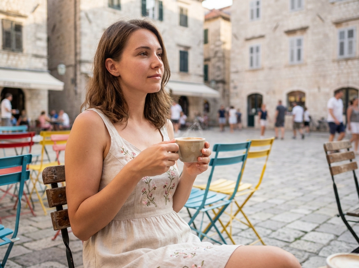 Jeune femme sirotant un café dans un café européen