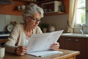 Femme consultant un calendrier de versement invalidité 2026 imprimé à la table de cuisine