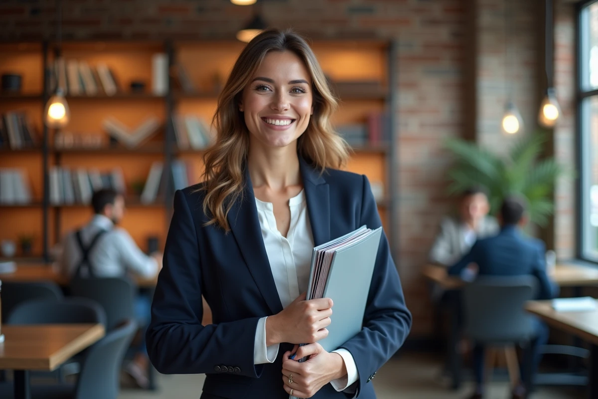 Femme souriante tenant un dossier de CV dans un espace de coworking