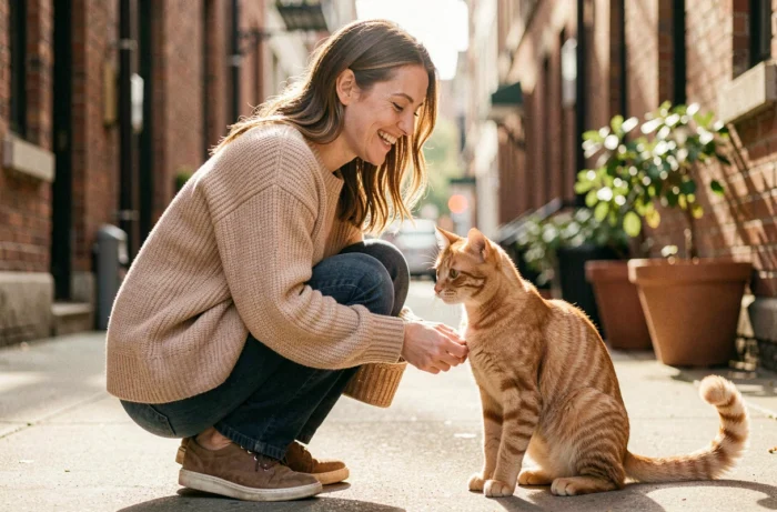 Femme souriante interagissant avec un chat roux dans la rue, actualités monde animal