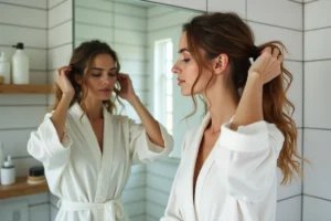 Femme en robe de chambre examinant ses cheveux naturellement gras dans un miroir de salle de bain