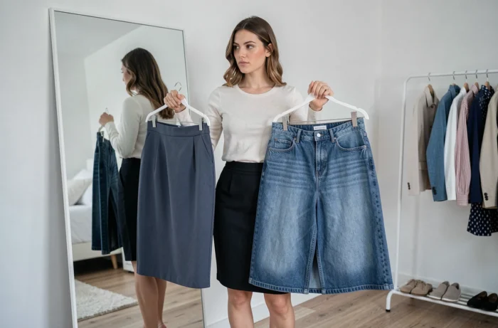 Femme choisissant entre deux styles de jupes devant un miroir dans sa chambre, reflétant le processus de construction identitaire et d'expression personnelle à travers la mode