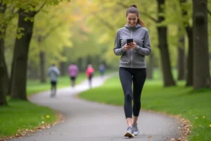 Jeune femme souriante utilisant son smartphone en marchant dans un parc