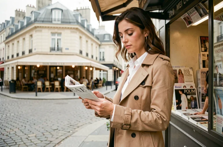 Femme élégante parcourant des magazines de mode à un kiosque parisien, tendances Mademoiselle C