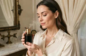 Femme élégante tenant un flacon de parfum Chogan dans une pièce raffinée aux reflets dorés