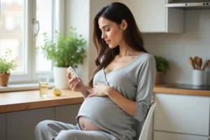 Femme enceinte tenant une boîte de médicament Cariban et un verre d'eau à la table de cuisine