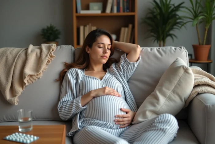 Femme enceinte allongée sur un canapé avec médicaments contre les nausées sur la table de nuit
