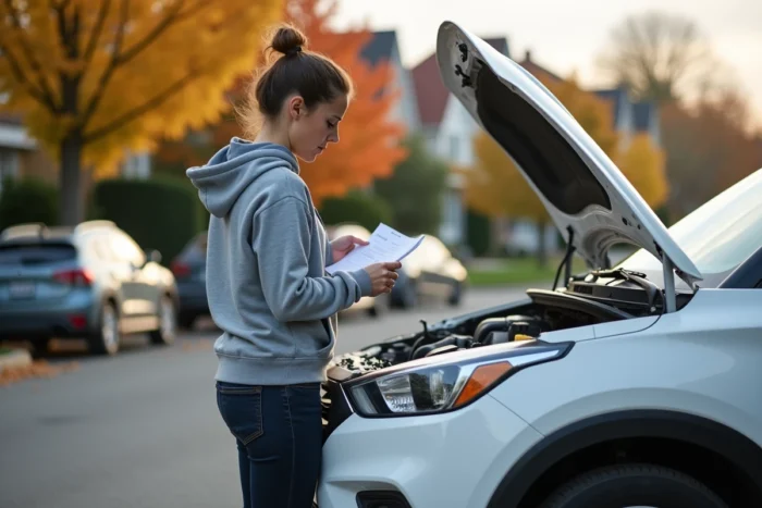 Femme consultant une liste d'entretien devant le capot ouvert de son SUV blanc dans une rue résidentielle