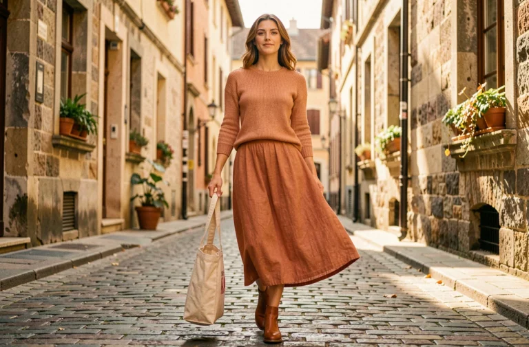 Jeune femme portant une jupe midi terracotta marchant avec assurance dans une rue pavée européenne, illustrant la confiance et l'expression de soi à travers le choix vestimentaire